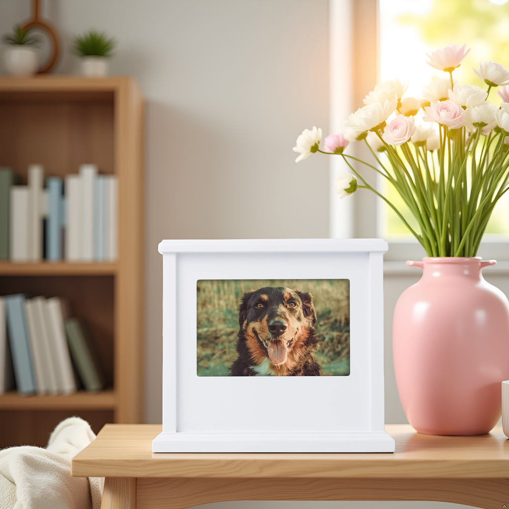 Boîte à souvenirs photo pour animaux de compagnie, urne commémorative