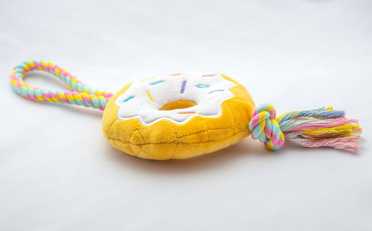 Birthday Donut Plush Dog Toy with Rope