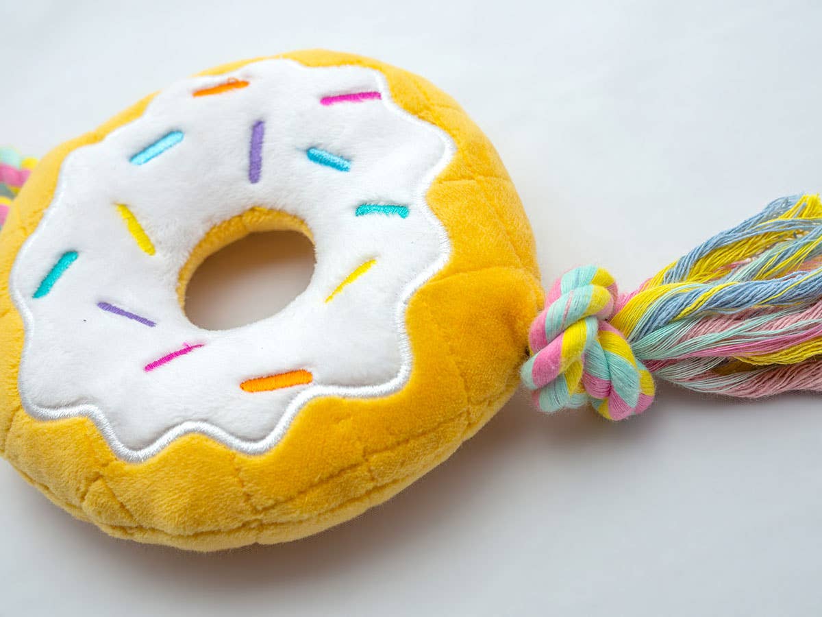 Birthday Donut Plush Dog Toy with Rope