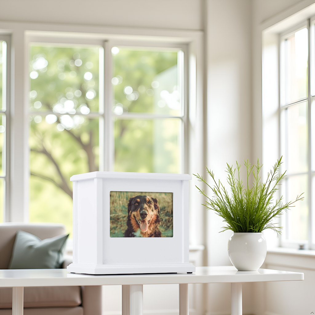 Boîte à souvenirs photo pour animaux de compagnie, urne commémorative