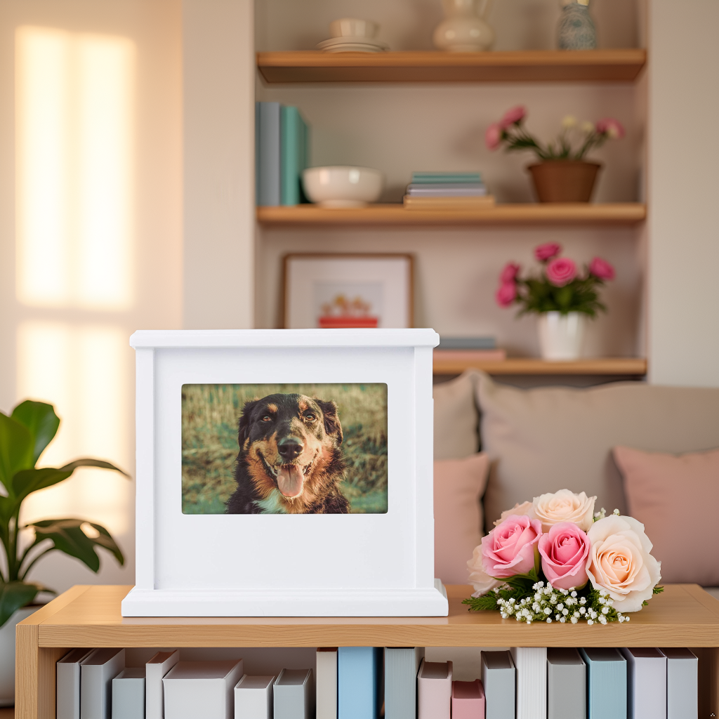 Boîte à souvenirs photo pour animaux de compagnie, urne commémorative